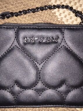 Betsey Johnson Black Quilted Heart Chain Wristlet.